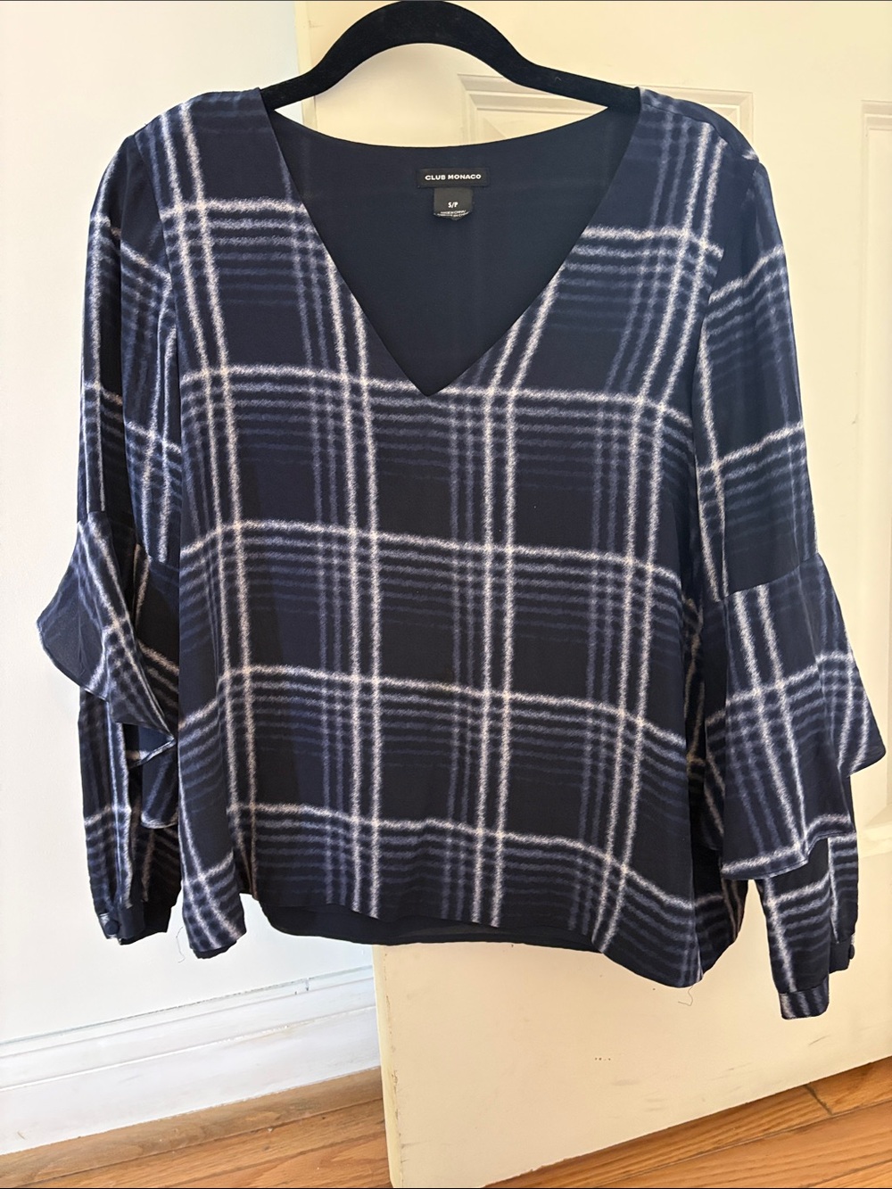 Club Monaco Navy and White Plaid V-Neck Blouse